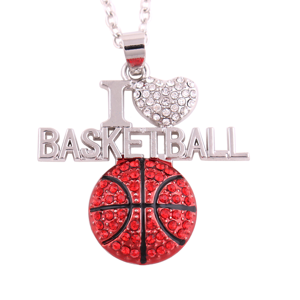

I Love basketball Ball Charm Necklace Sports Crystal Necklace for Love Ball Sports People Gift