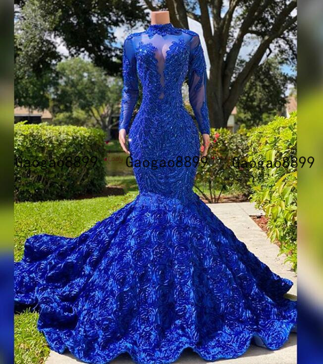

2020 Royal Blue real Mermaid Prom Dresses Sparkly lace sequin high neck 3d flower lace African Cheap long sleeves Formal Evening Party Gowns, Light yellow