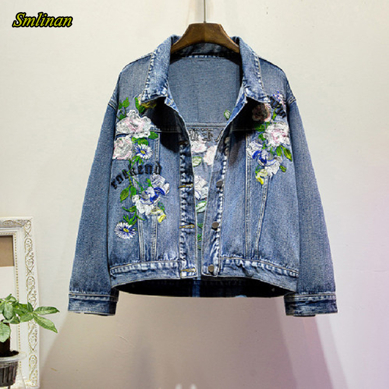 

Smlinan Embroidery Floral Harajuku Denim Jacket Women Plus Size 4xl Loose Vinatge Caquetas Mujer Bomber Jeans Coat Female, Blue