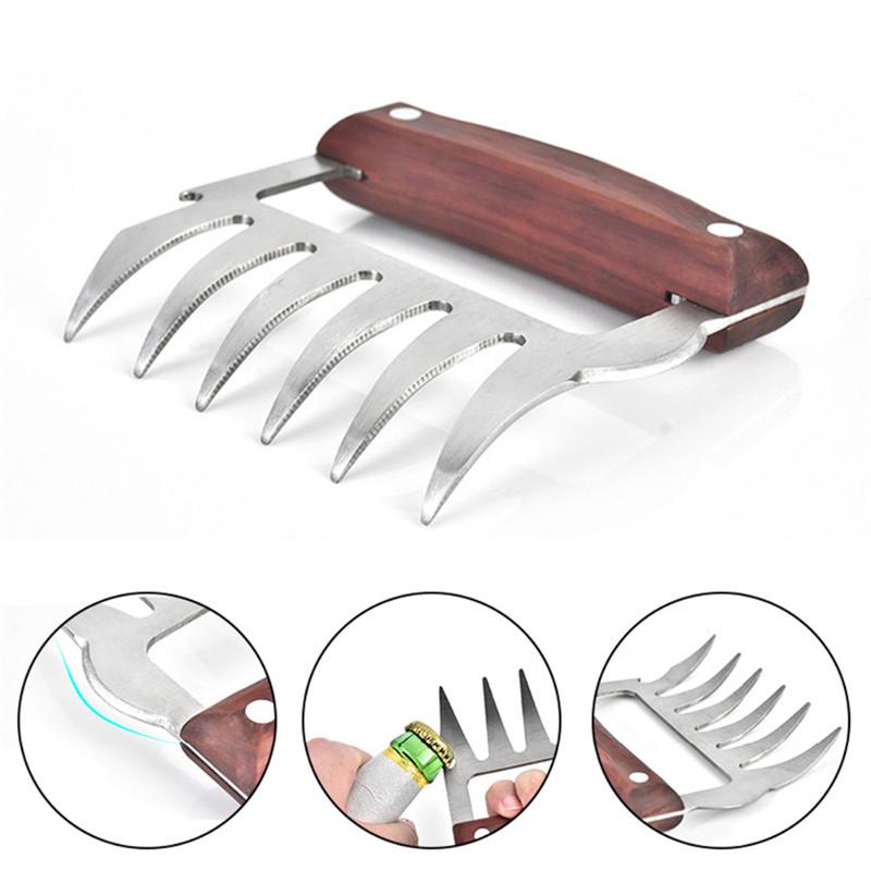 

Stainless Steel Bear Claw Wooden Handle Meat Divided Tearing Flesh Multifunction Meat Shred Pork Clamp BBQ Tool