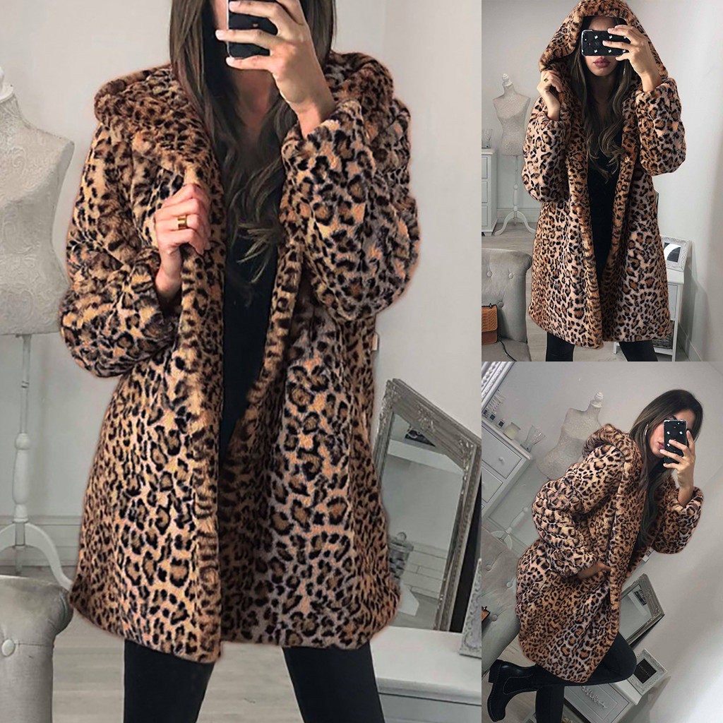 

Leopard Teddy Coat Womens Ladies Winter Warm Faux Fur Coat Jacket Leopard Hooded Outerwear Chaquetas Mujer 2019#G2 S20200106, Brown