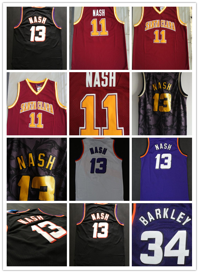 

NCAA Santa Clara College Steve 11 Nash Jerseys Mens Basketball Jersey Barkley 34 Jersey Nash 13 Vintage stitched Shirt Red Purple White Blac, Black