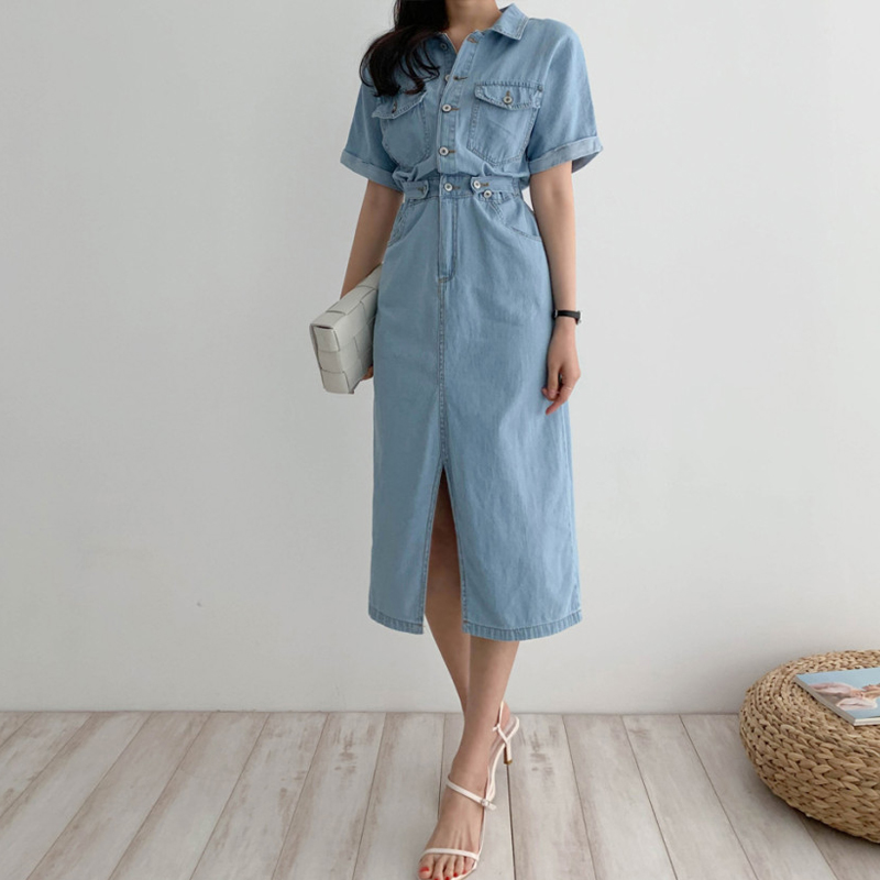 

Casual Split blue Denim Dress for Women Summer Backless Short Sleeve Elastic Waist Female Dress 2020 Midi Vestidos femme vs152