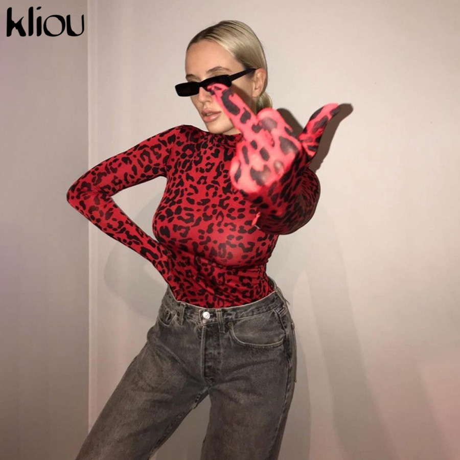 kliou Neon Leopard Women Bodysuit Long Sleeve With Gloves 2019 Autumn Winter Basic Turtleneck jumpsuit Body Muje MX200402