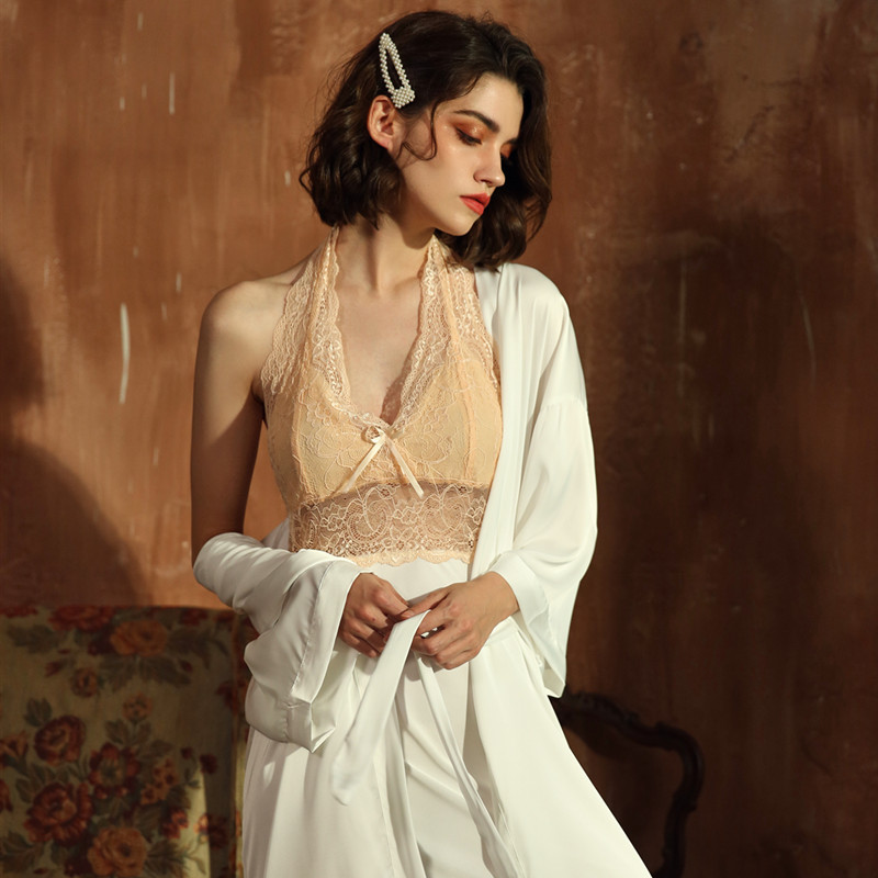 

Smmoloa Silk Robe with Gown Set Sexy Lingerie Women Sleepwear, Black