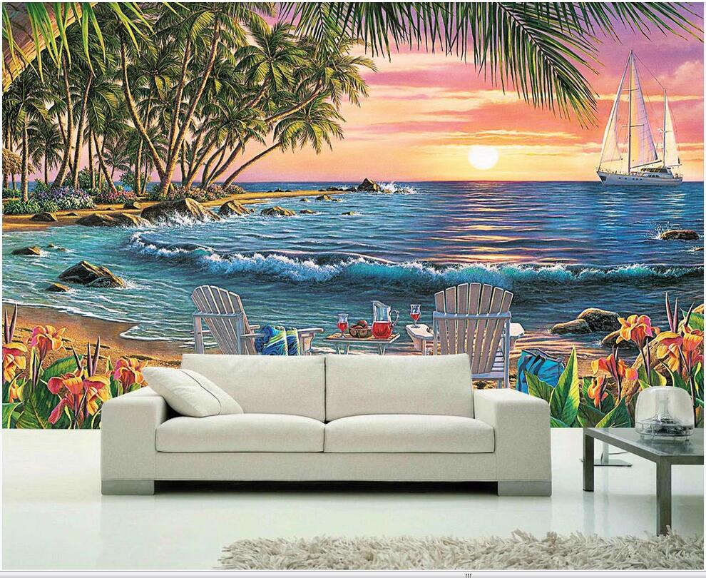 

3D wall covering custom mural wallpaper Coconut Grove Double Beach Chair Seaside Beautiful Landscape Background Wall home decor wall papers, Black