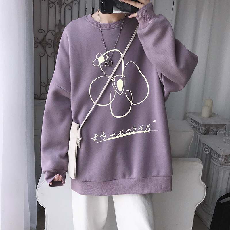 

2019 Autumn And Winter New Korean Print Embroidery Sweatshirt Loose Bf Wind Couple Shirt Gray Green Blue / Purple -2XL
