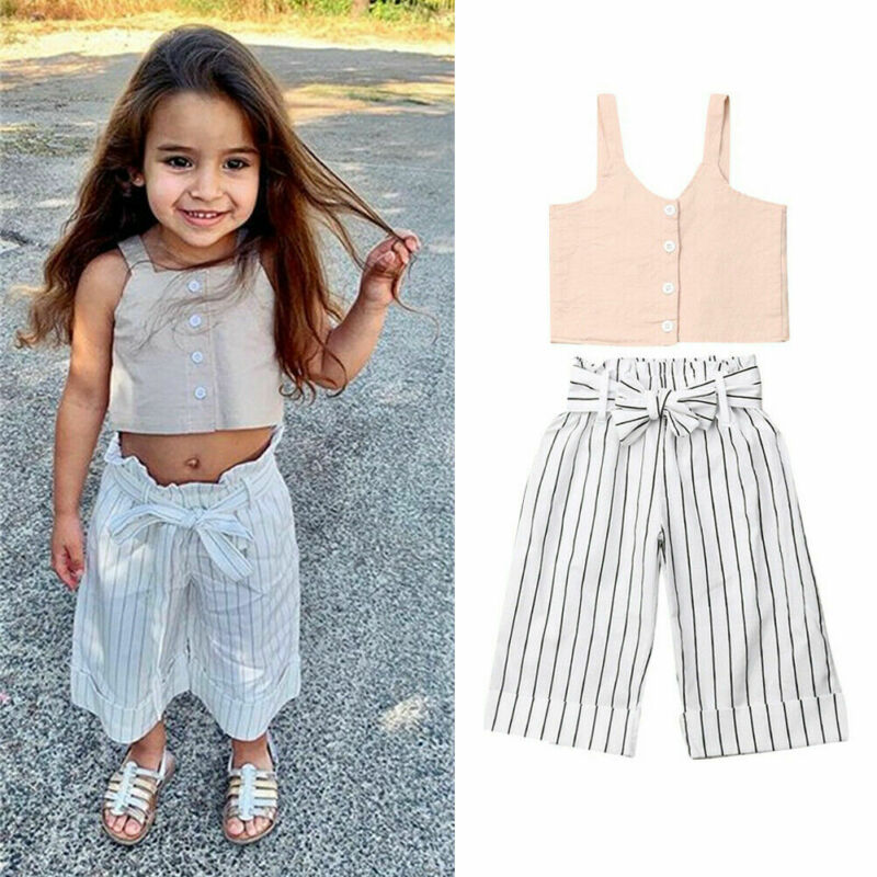 

Toddler Kid Baby Girl Clothes Vest Top + Striped Long Pants Trousers 2pcs Outfit Clothes Outfits Set, As pic