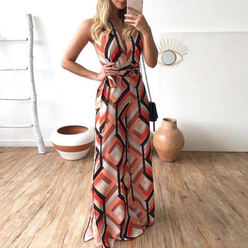 

Office Lady Overalls Jumpsuit European Style Striped Print V-neck Printed Bandage Casual Boho Long Playsuit Party Jumpsuit 5.10, Og