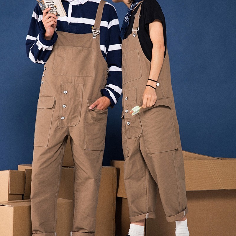 

Harajuku Men Safari Style Cargo Pants Unisex Pockets Loose Hip Hop Suspender Overalls Streetwear Retro Cotton Straight Jumpsuits, Black