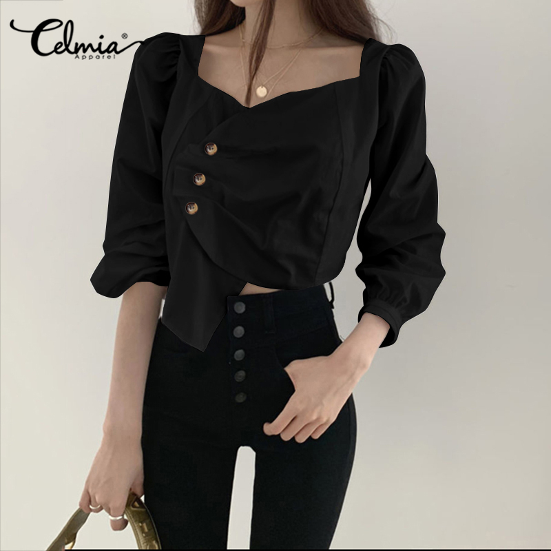 

2020 Ruffles Blouses Celmia Plus Size Sexy Square Collar Shirt Women Asymmetrical Tops Long Sleeve Buttons Casual Solid Shirt, Black