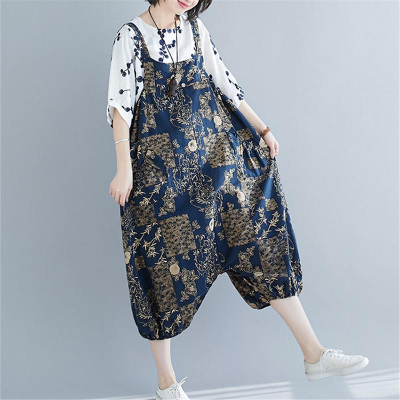 

2020 Sarouel Femme Boho Rompers Korean Oversized Jumpsuit Crotch Button Split Suspenders Ethnic Printing Overalls, Black