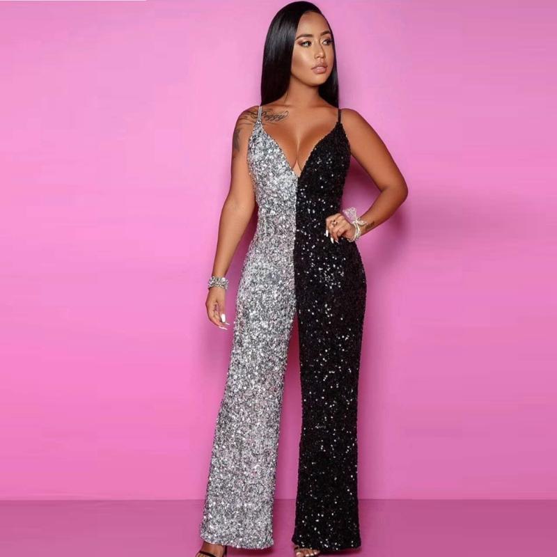 Mode été paillettes combinaison 2020 femmes Sexy noir avec argent Patchwork col en V Spaghetti sangle gaine Verano fête en gros