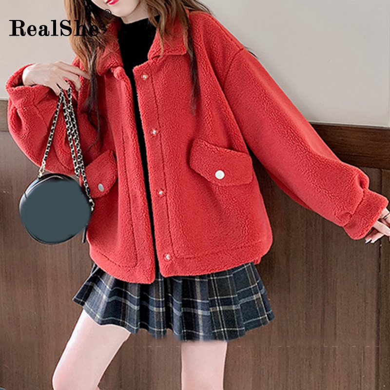 

RealShe Lamb Coats And Jackets Women Turn-Down Collar Full Sleeve Pockets Solid Women Jacket 2020 Spring Casual Wool Coat, Red coat women
