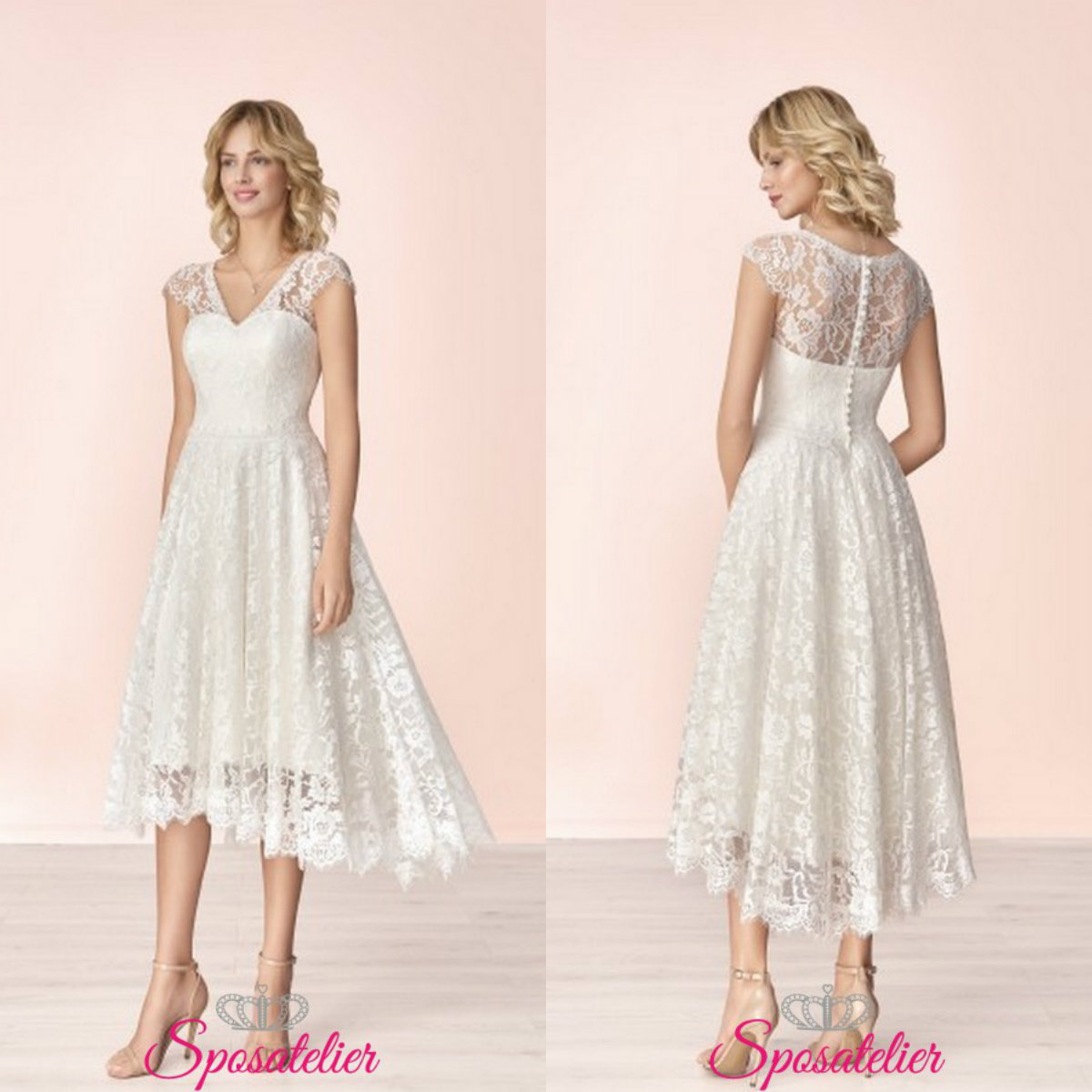 

2020 Short Wedding Dresses V Neck Lace Appliques High Low Bridal Gowns Robes De Mariée Tea Length Cap Sleeve Garden Wedding Dress, Custom made from color chart
