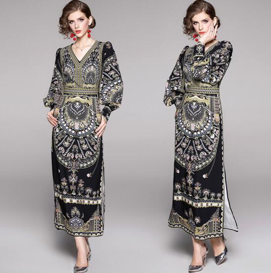 

New V-Neck Long Sleeve Retro Print Slim Long Dress, As the picture