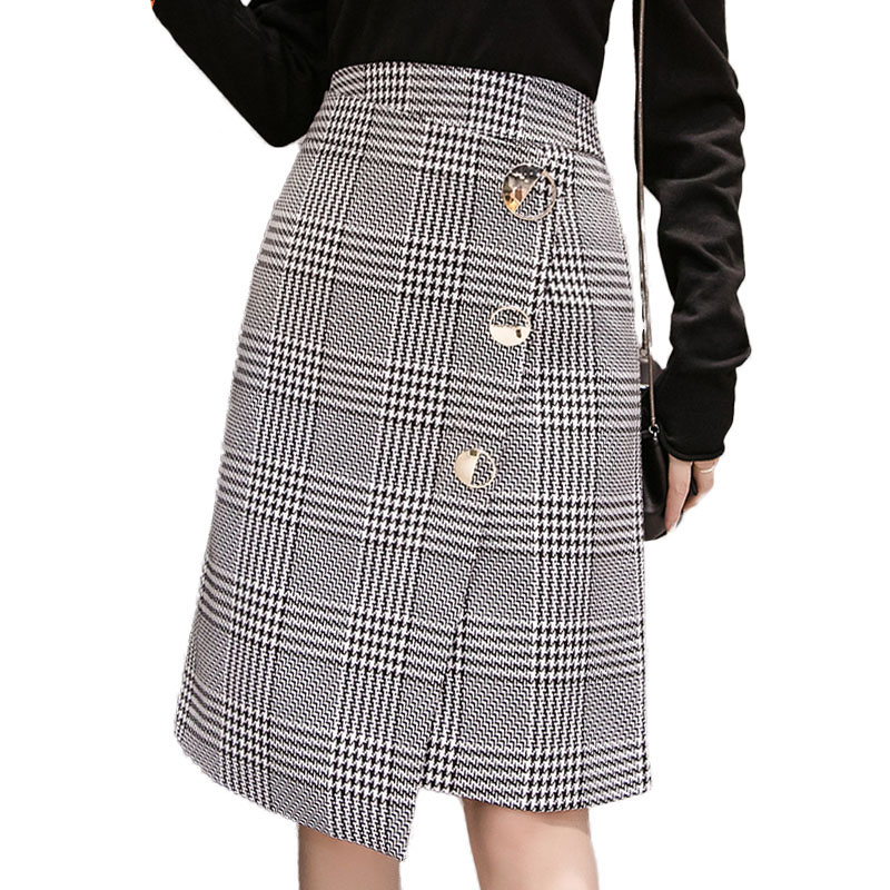 

High Waist Asymmetrical Plaid Midi Skirt Women Korean Fashion Button Slim Elegant Wool Skirt Elegant Ladies Skirts, Black