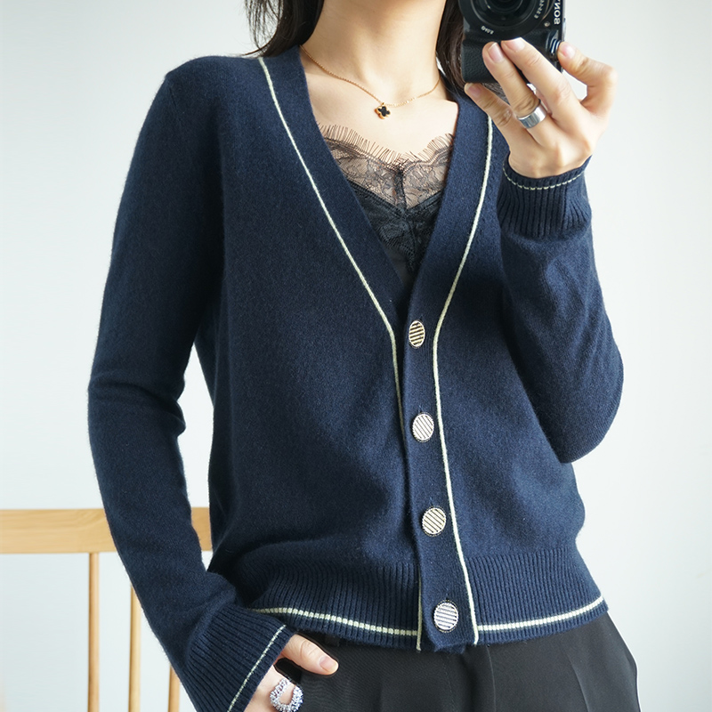 

LHZSYY New Colorblock Cashmere Blend Sweater Cardigan Women's V-neck 2020 Spring Short Coat Large size Wool Knitted Female Tops, Navy blue