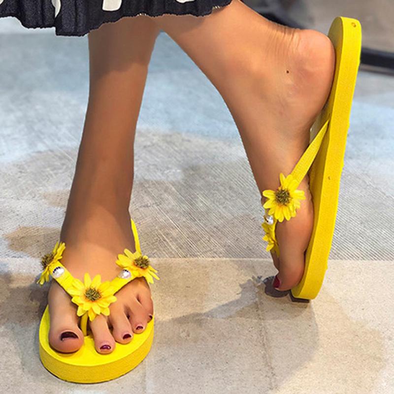 

2020 New Summer Women Flat Beach Slippers yellow flower Sweet Flip Flops Sandals Beach Slippers Casual Shoes for women#0526, Pink