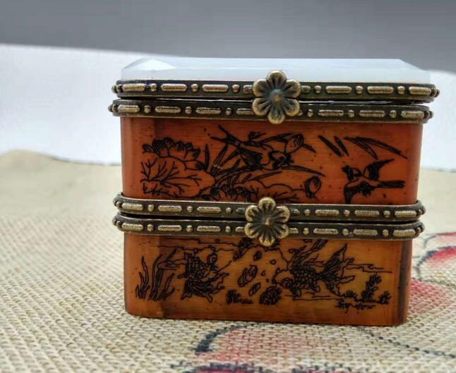 China Handmade Old Bone Jade Carving Buddha /& Bird Double Jewelry Box AS