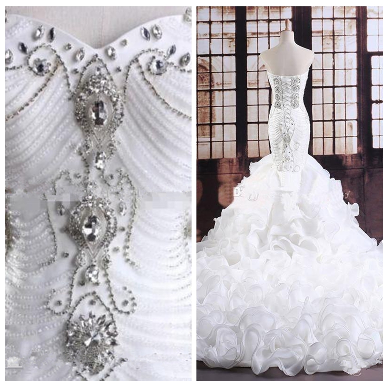 

2020 Luxurious Bling Bling Crystal Beaded Mermaid Wedding Dresses Tiered Organza Bridal Gowns Real Photos Vestidos De Marriage Custom, Custom made from color chart
