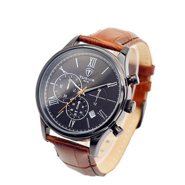 

Fashion hot style vintage men's quartz watch leather watch fashion men's watch calendar small three needle run second 24 hours indicator, Brown