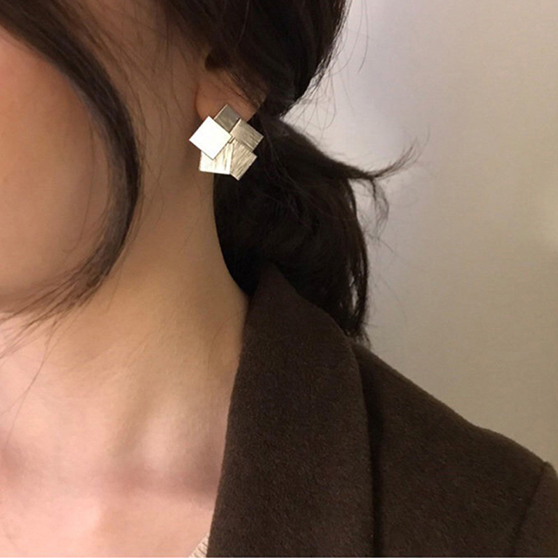 

Stud Women Punk Style Earrings Golden Square Shaped Geometric Multi Layered Studs