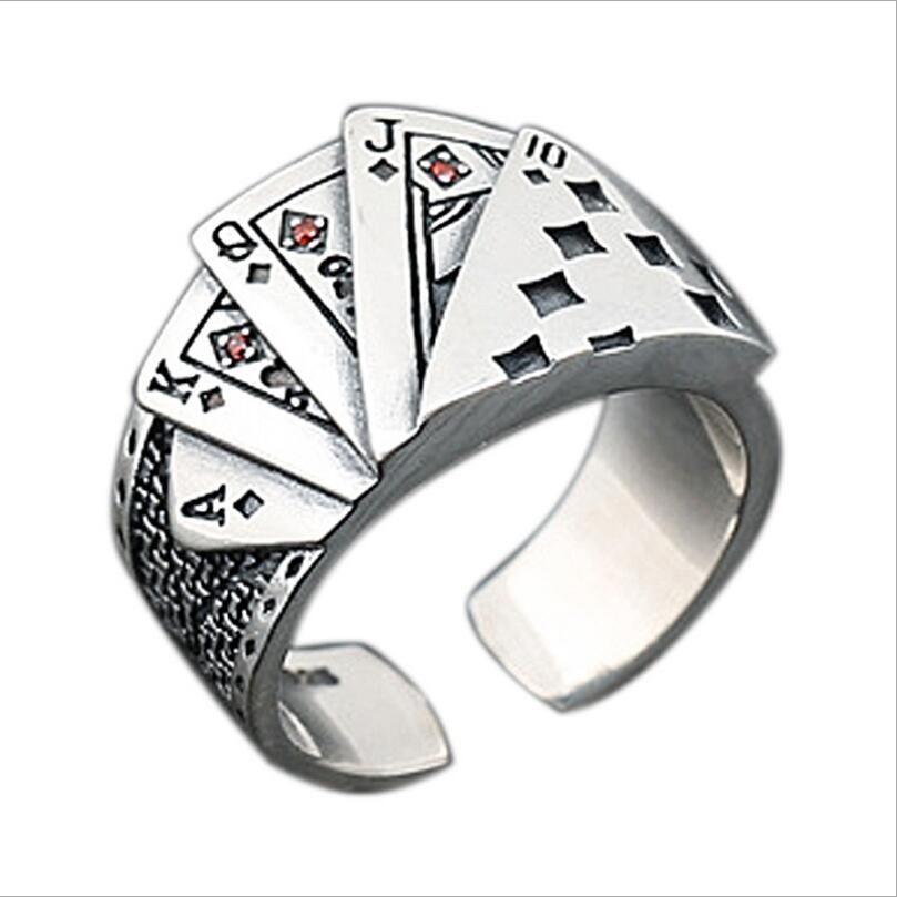 Casino Silver Plated Card Game Enamel Black Poker Ring Ace Of Spades Jewelry