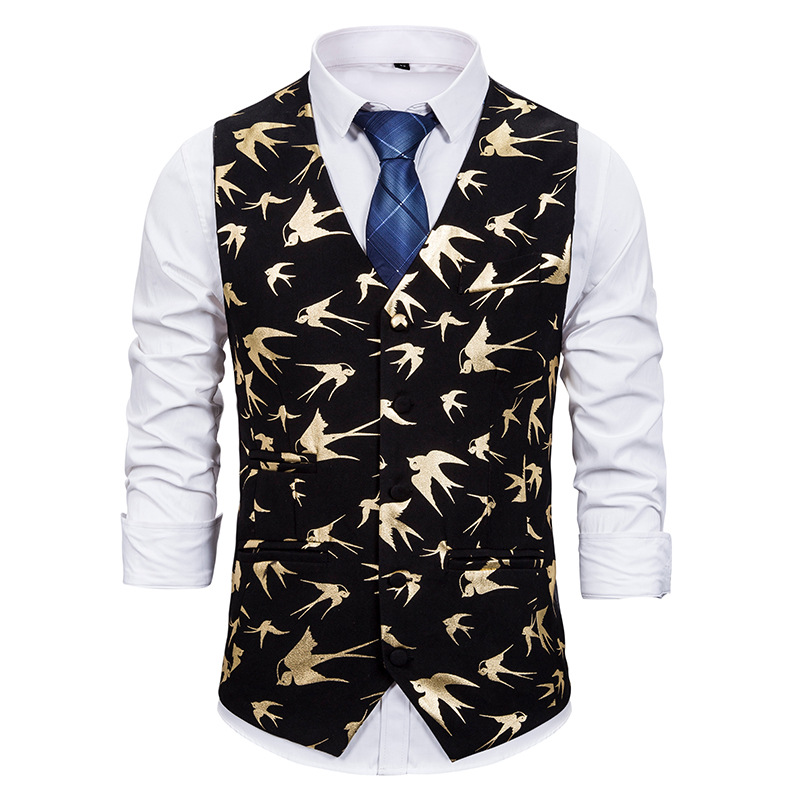 

Fashion Little Bird Gold Bronzing Print Vest Men Slim Fit Sleeveless Vest Waistcoat Men Casual Club Party Wedding Gilet Homme