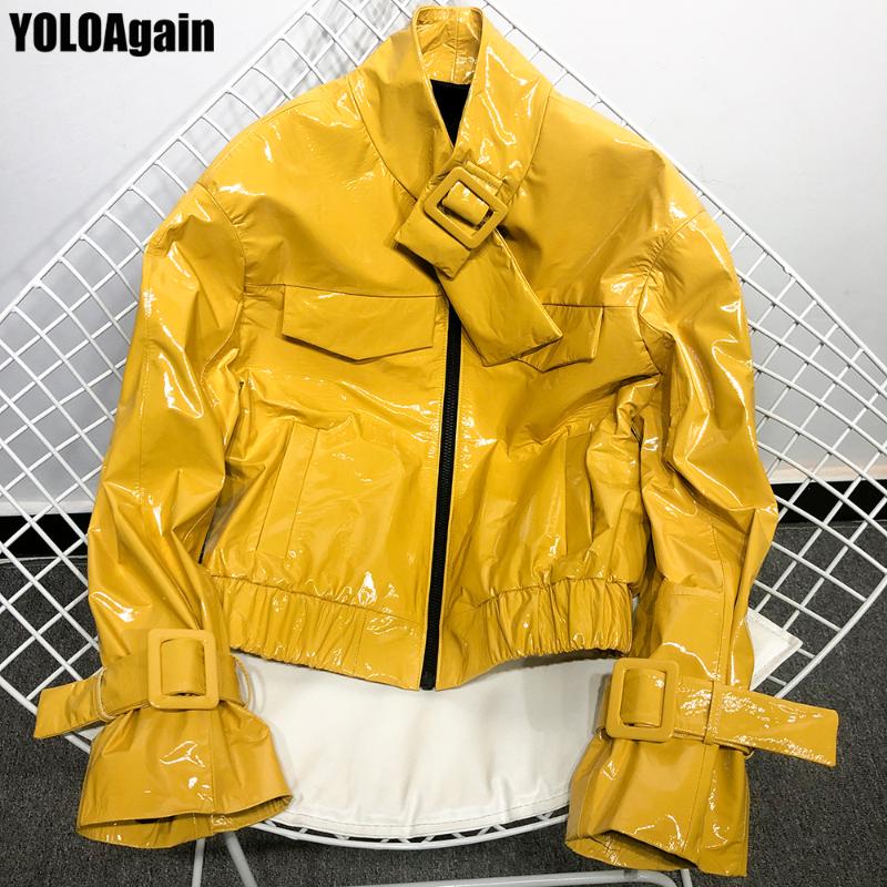 

YOLOAgain high quality women shiny genuine leather jacket ladies stand collar real sheepskin leather jacket, As shown