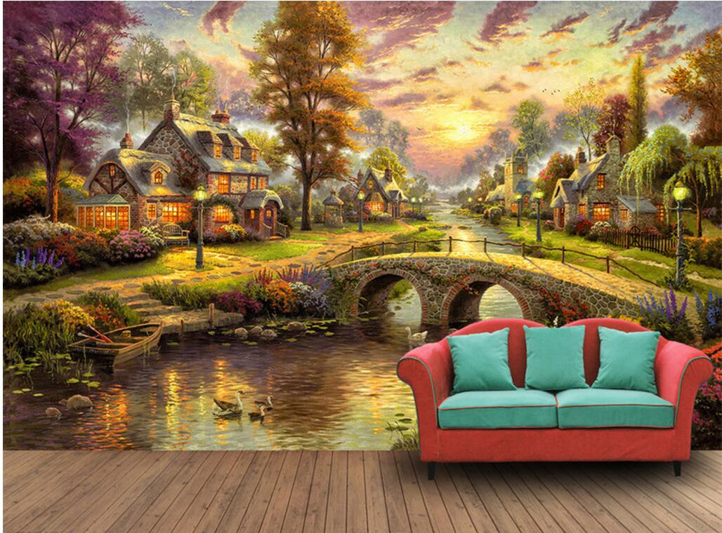 

WDBH 3d wallpaper custom photo Hand drawn country forest hut at night living room home decor 3d wall murals wallpaper for walls 3 d, Non-woven