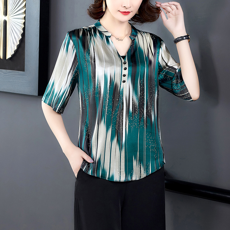 

Korean Silk Women Blouses Shirt Woman Satin Blouse Tops Ladies Striped Silk Blouse Top Plus Size Wome V Neck Print Satin Blouses, Green