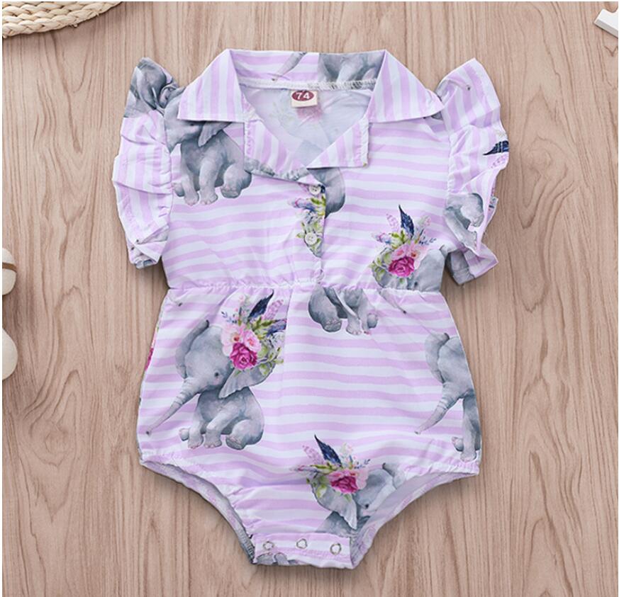 

Girl Strip Elephant Print Turn-down Collar Romper Baby Summer Short Sleeve Jumpsuit Kids Clothes One Piece ZHT 232, As picture