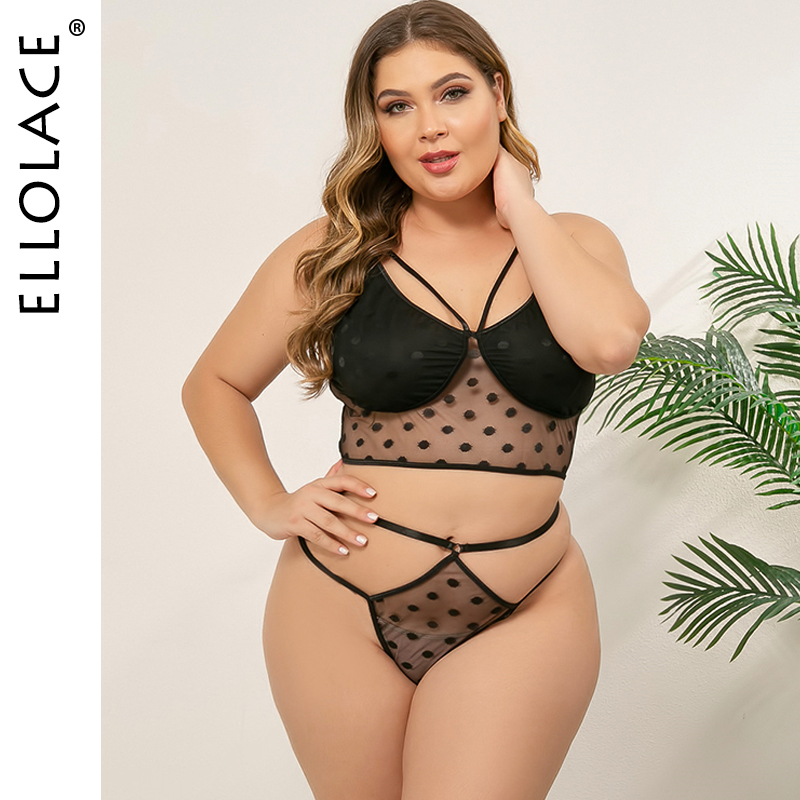Ellolace Polk Dot New Plus Taille Lingerie Sous-vêtements Ensemble de la dentelle Voir à travers des lingeries sexy féminines XL-4XL Grossistes f