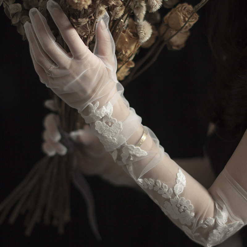 

New Bride Wedding Gloves Design Lace Gauze Transparent Women Gloves long bridal lace mesh gloves Wedding Accessories, Ivory