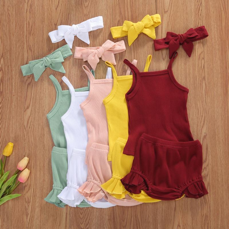 

Newborn Toddler Baby Girl Ribbed Knitted Clothes Cotton Solid Ruffles Sleeveless Sling Top T-Shirt Shorts 2Pcs ClothingSets, Green