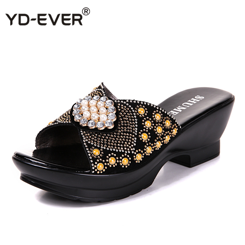 

Women Slipper's Ladies Summer Slippers Shoes Women High Heels Fashion Rhinestone Summer Shoes Genuine Leather, Gold
