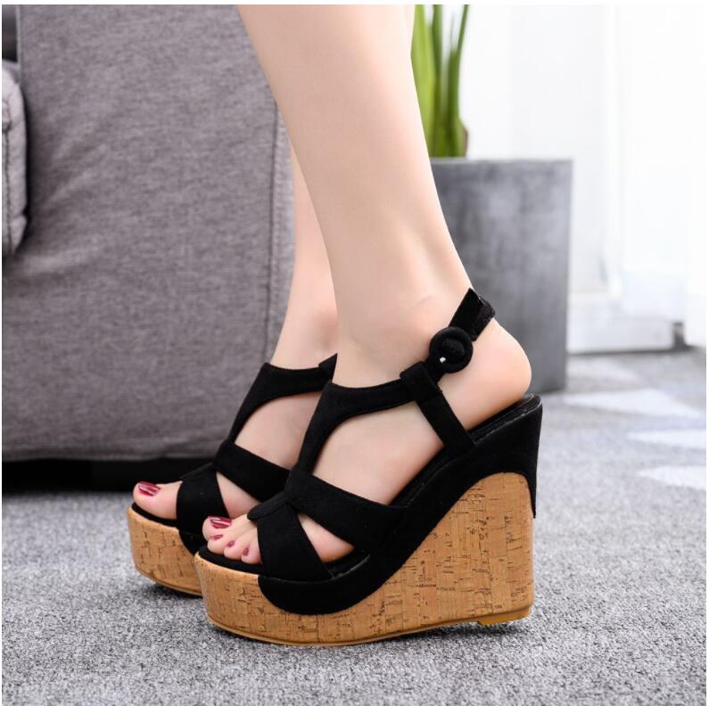 

Hot Sale-hoes for women platform high heel sandals women T-strap Bohemia sweet sandals fashion women beach shoes, Black suede