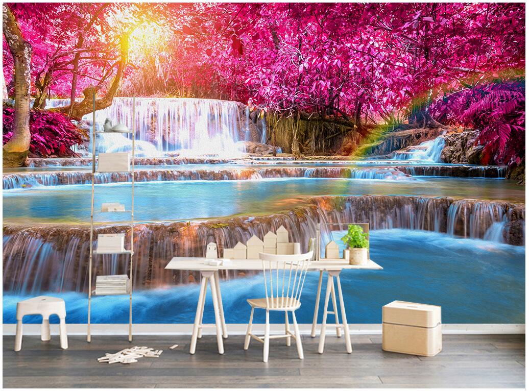 

WDBH 3d room wallpaper custom photo Red forest waterfall flowing water landscape home decor 3d wall murals wallpaper for walls 3 d, Non-woven wallpaper