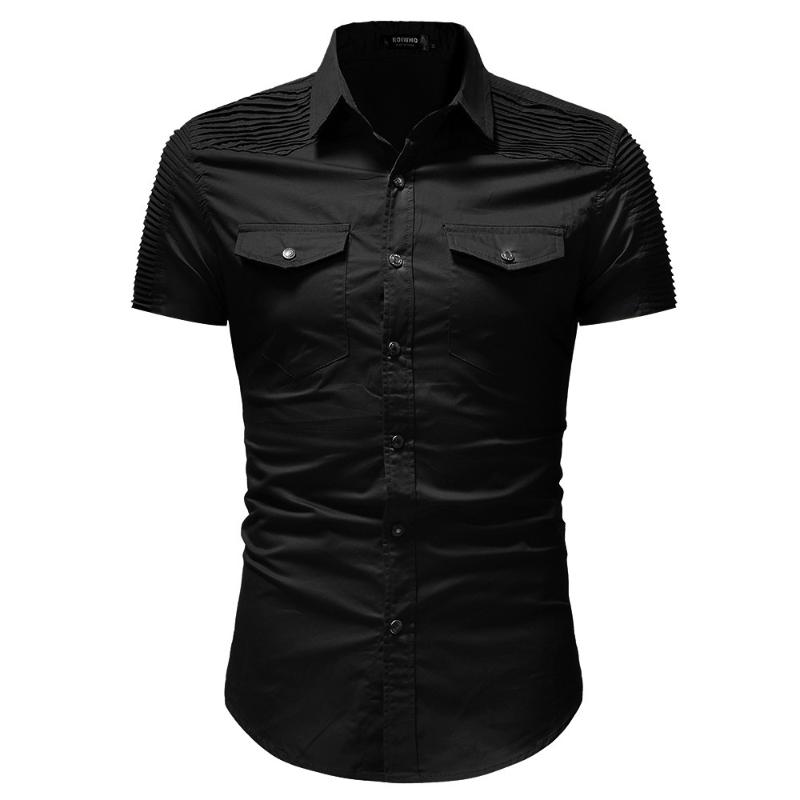 

Men's Summer Short Sleeve Casual Dress Shirts Fashion Stylish Shoulder Fold Stitching Denim Shirt Men's Short Sleeve Shirt, Black