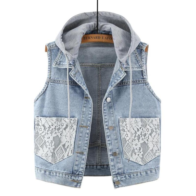 

2020 Autumn new women Denim Vest fashion Lace pocket Hooded Jean waistcoat women Short coletes feminina Casual p1155, Blue