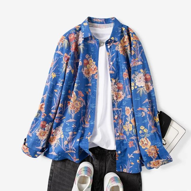 

Women Shirt 2020 Early Spring New Classic Colorful Bird Floral Print Long Sleeve Shirt, As pic