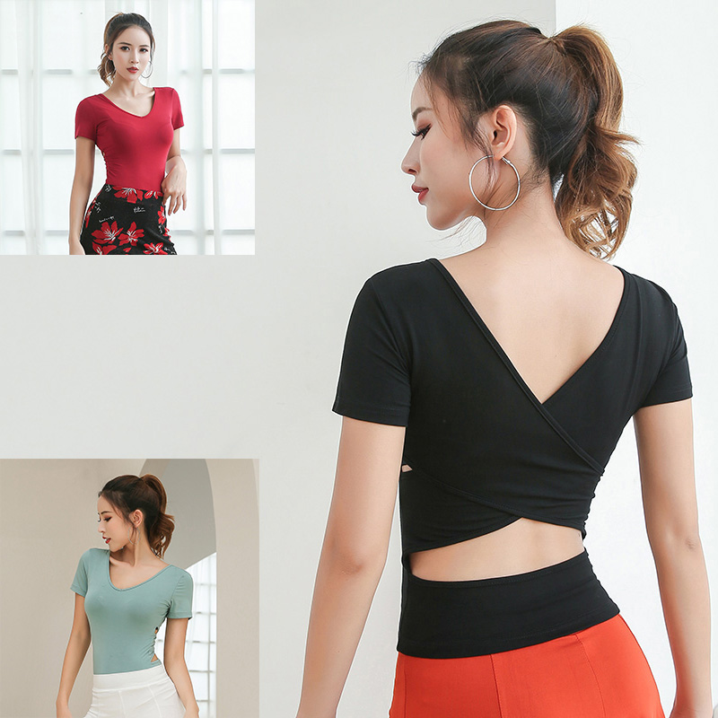 

Latin Dance Tops Ladies Short Sleeve Crossed Back Adults Salsa Tango Dancing Clothing Practice Performance Dance Wear PY060, Black
