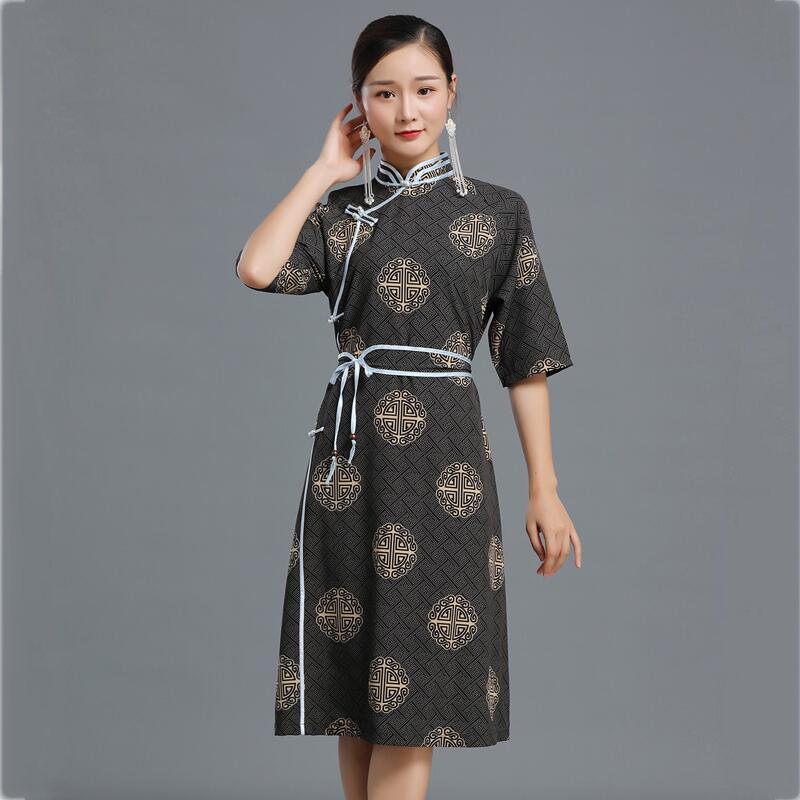 

Summer printed retro Mongolian cheongsam robe women ethnic dress Qipao traditional national clothing classic oriental costume