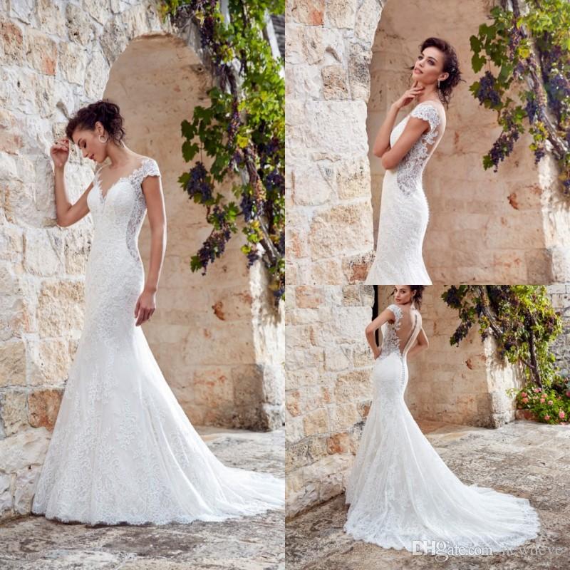 

2020 Wedding Dresses Jewel Neck Capped Sleeve Lace Appliques Mermaid Bridal Gowns Sweep Train Wedding Dress Vestidos De Noiva, White