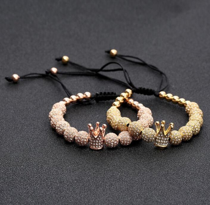 Nouveau Mode Hommes Micro Pave CZ Zircon Cubique Bijoux Charme De La Couronne Et 8mm Plein Zircon Perles Tressé Bracelet Femme Pulse Macramé