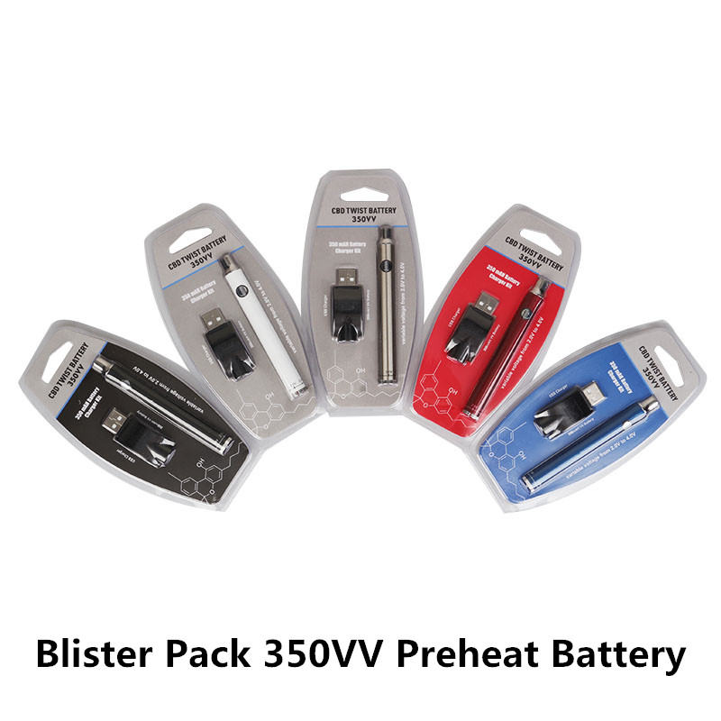 

Blister Pack 350VV Preheat Battery 350mAh Bottom Twist Cartridge Kit Vape Pen Variable Voltage Ego Spinner Battery with USB Charger