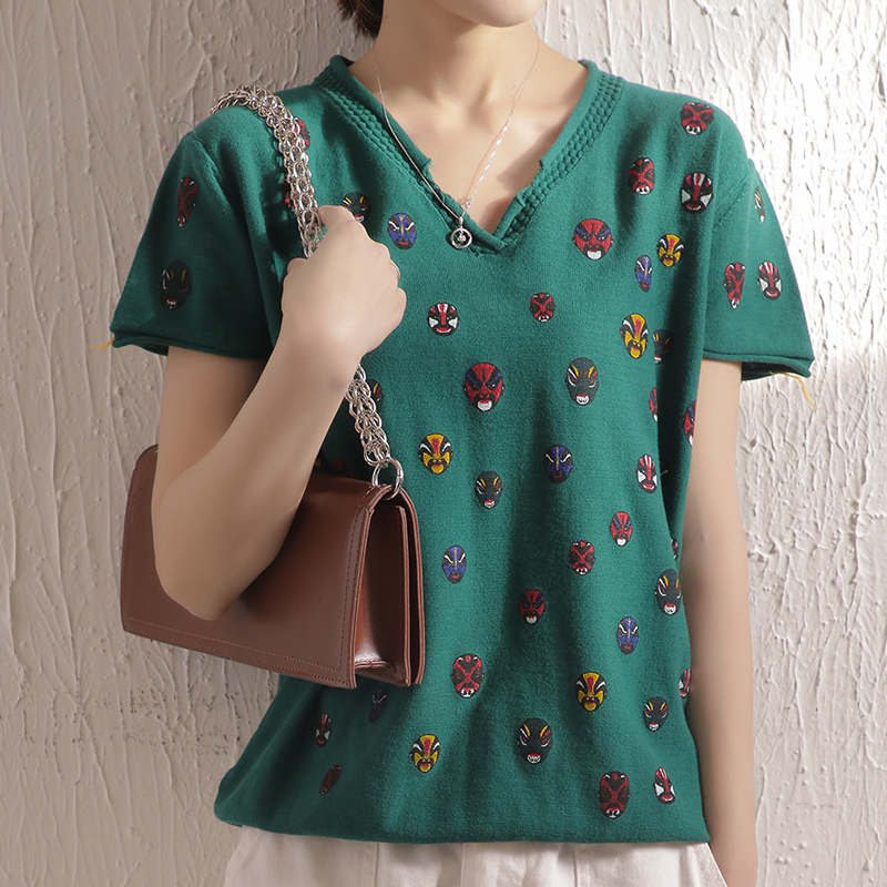 

New knitted sweater women's Pullover V-neck short sleeve thin loose Pullover women's Knitted Top soft, Dark red-hl