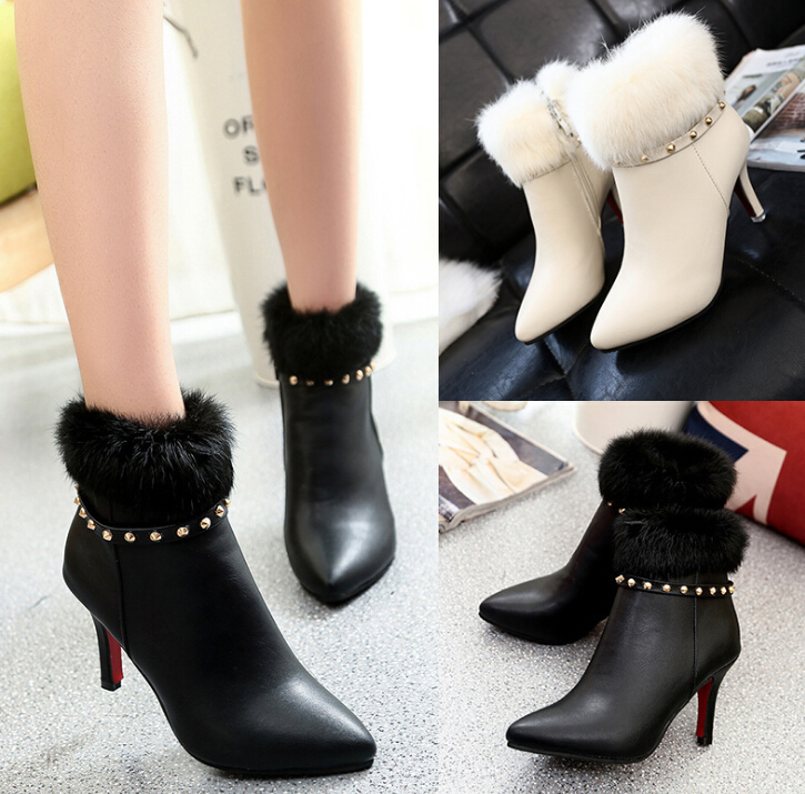 

2019 Korean version of the autumn and winter new stiletto women's booties pointed wild side pull rabbit fur rivet Martin boots, White