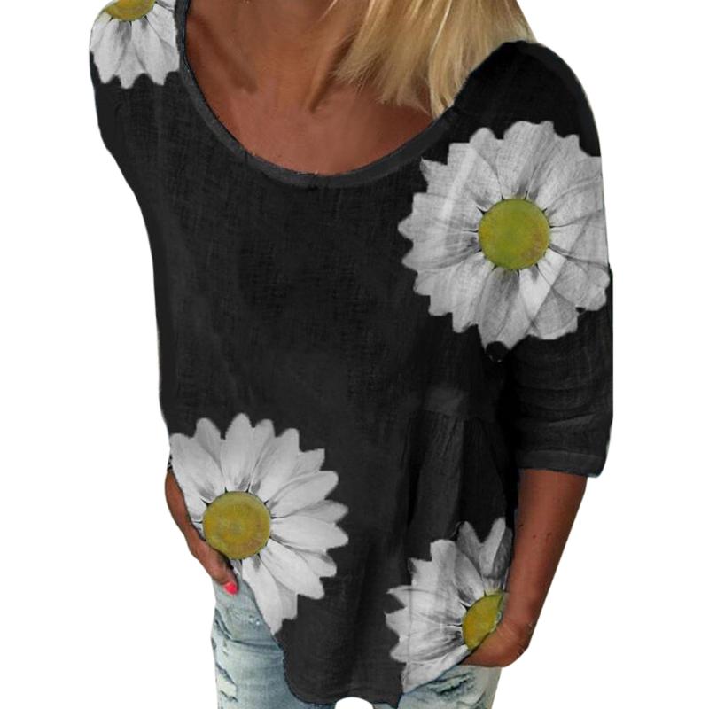 

Woman chrysanthemum Print T-shirts O-Neck Short Sleeve Top Summer Female Tee shirt Flower Printed Wild T-shirt, Black